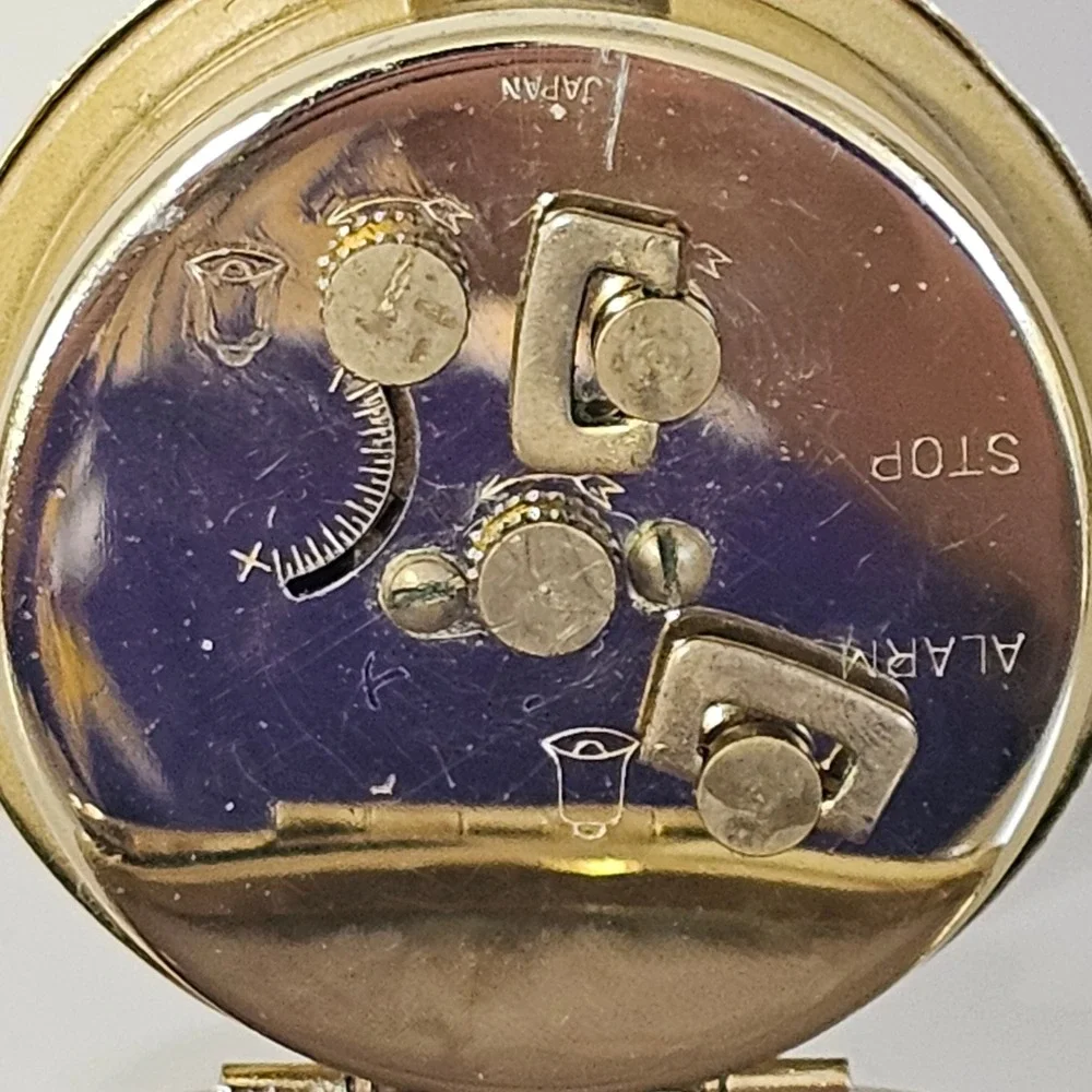 Vintage Linden Travel Alarm Clock Gold Tone Mechanical Wind Up Japan Black Case